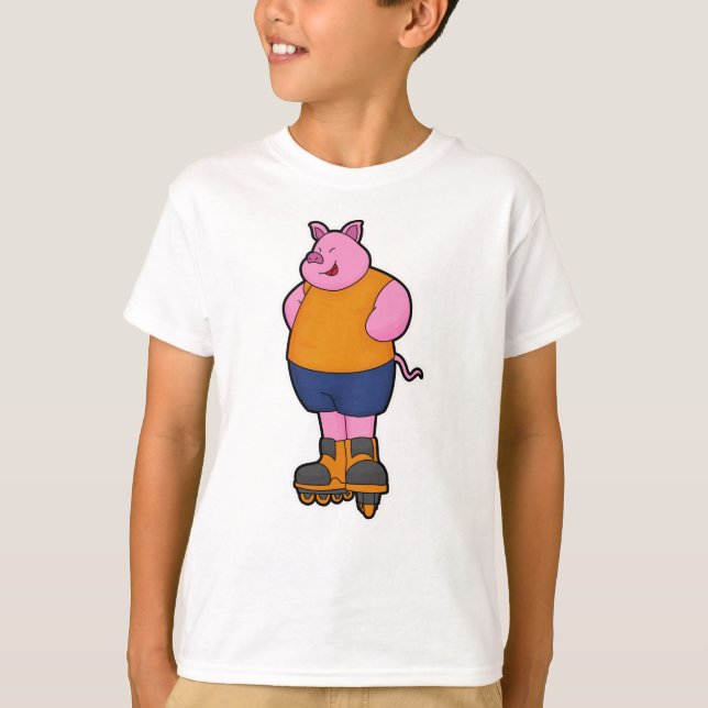Pig as Skater with Inline skates T-Shirt (Front)
