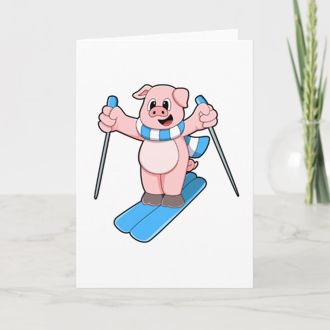 Pig as Skier with Ski Scarf & Ski poles Card (Front)