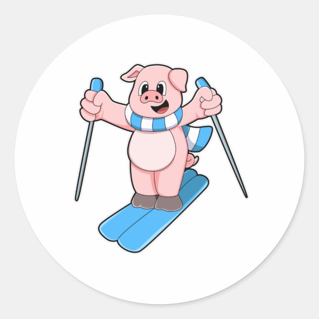 Pig as Skier with Ski Scarf & Ski poles Classic Round Sticker (Front)