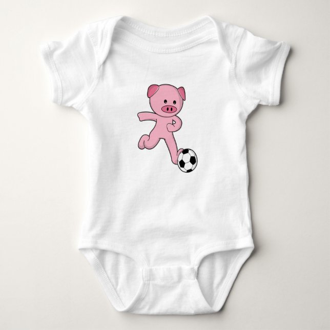 Pig as Soccer player with Soccer ball Baby Bodysuit (Front)