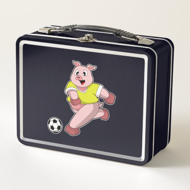 Pig as Soccer player with Soccer Metal Lunch Box (Front)