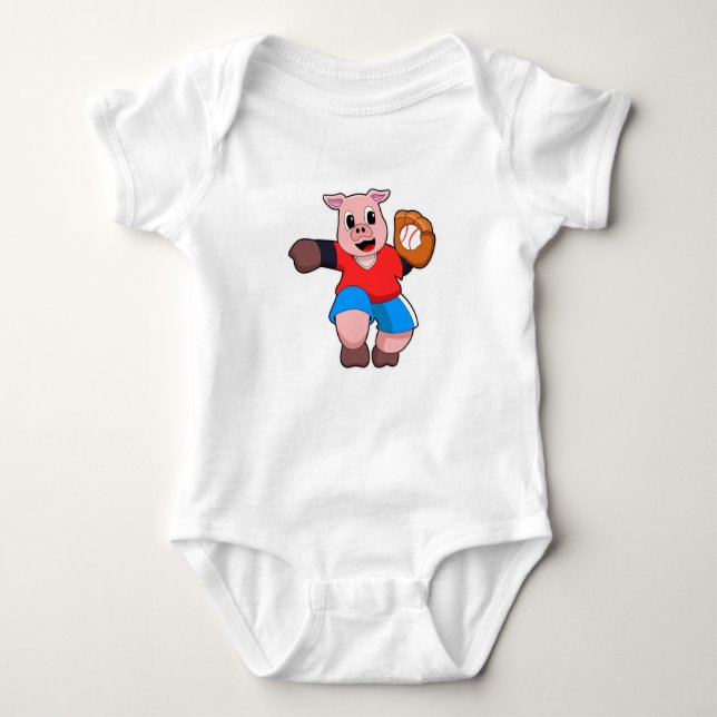 Pig at Baseball with Baseball glove Baby Bodysuit (Front)