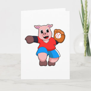 Pig at Baseball with Baseball glove Card