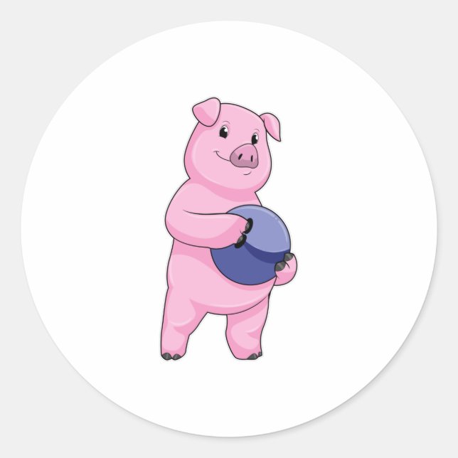 Pig at Bowling with Bowling ball Classic Round Sticker (Front)