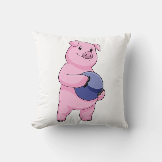 Pig at Bowling with Bowling ball Cushion (Front)
