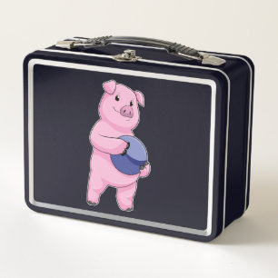Pig at Bowling with Bowling ball Metal Lunch Box