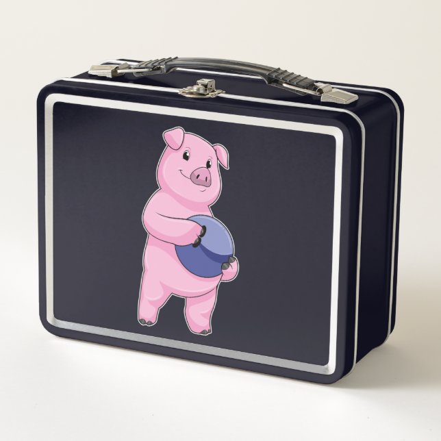 Pig at Bowling with Bowling ball Metal Lunch Box (Front)
