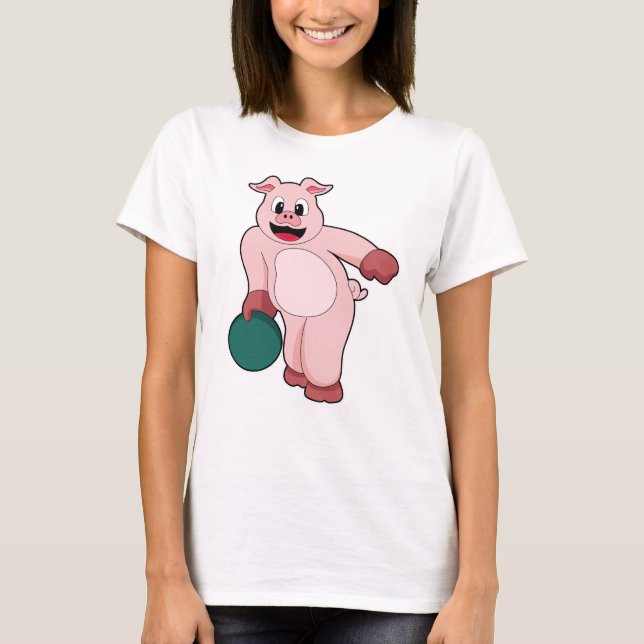Pig at Bowling with Bowling ball T-Shirt (Front)