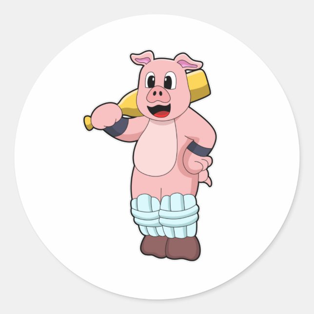 Pig at Cricket with Cricket bat Classic Round Sticker (Front)