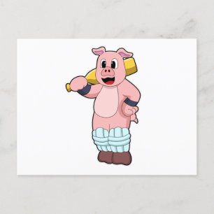 Pig at Cricket with Cricket bat Postcard