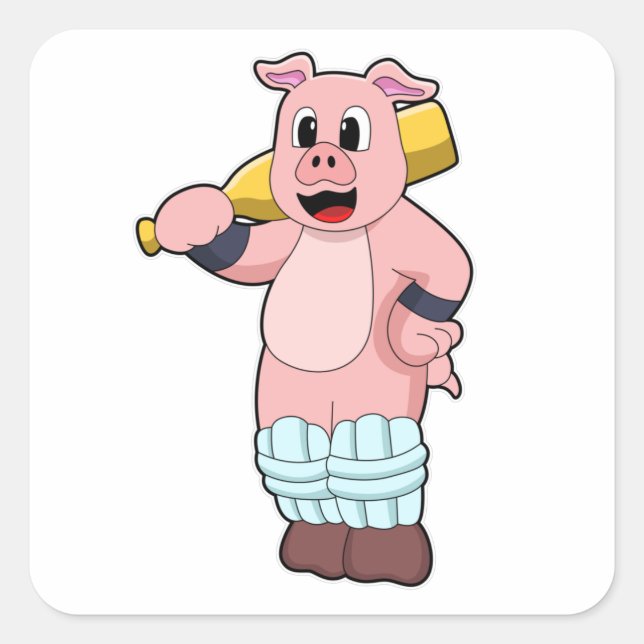 Pig at Cricket with Cricket bat Square Sticker (Front)