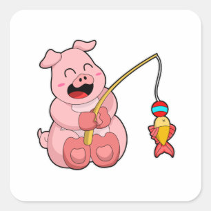 Pig at Fishing with Fish Square Sticker