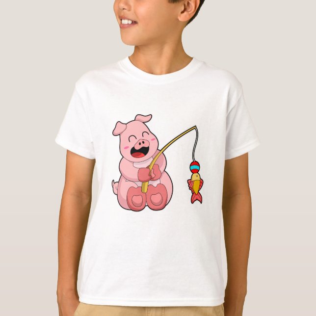 Pig at Fishing with Fish T-Shirt (Front)
