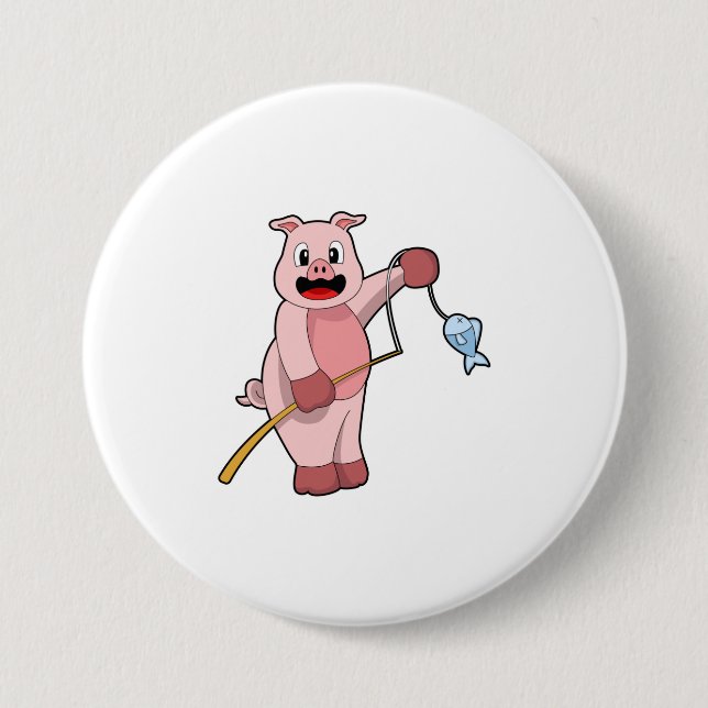 Pig at Fishing with Fishing rod & Fish 7.5 Cm Round Badge (Front)