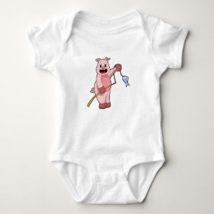 Pig at Fishing with Fishing rod & Fish Baby Bodysuit
