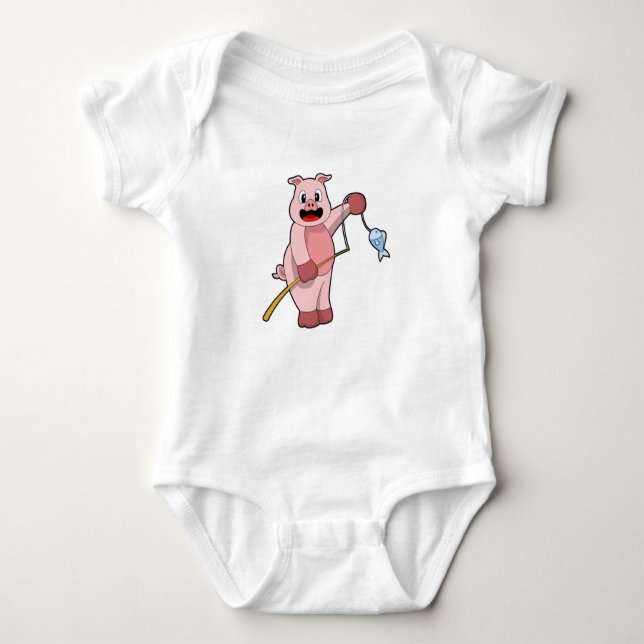 Pig at Fishing with Fishing rod & Fish Baby Bodysuit (Front)