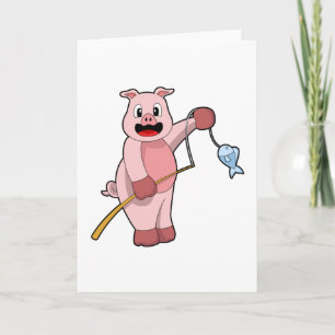 Pig at Fishing with Fishing rod & Fish Card
