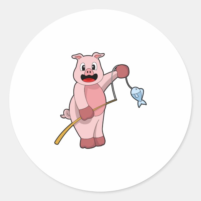 Pig at Fishing with Fishing rod & Fish Classic Round Sticker (Front)