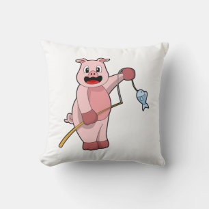 Pig at Fishing with Fishing rod & Fish Cushion