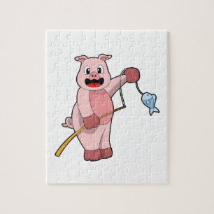 Pig at Fishing with Fishing rod & Fish Jigsaw Puzzle