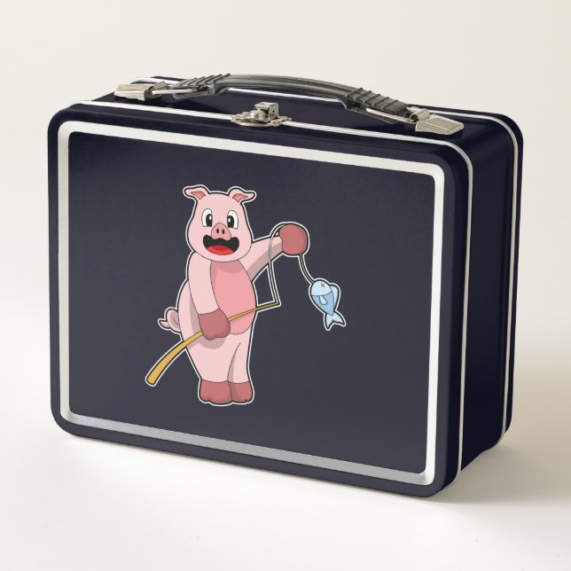 Pig at Fishing with Fishing rod & Fish Metal Lunch Box (Front)