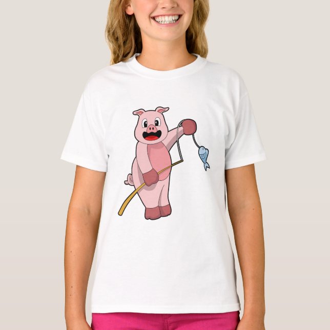 Pig at Fishing with Fishing rod & Fish T-Shirt (Front)