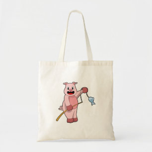 Pig at Fishing with Fishing rod & Fish Tote Bag