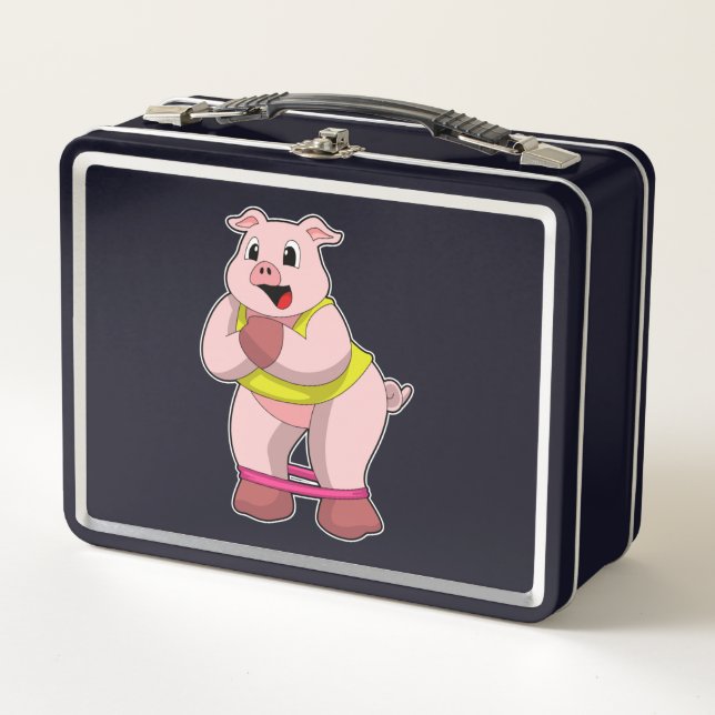 Pig at Fitness with Rubber band Metal Lunch Box (Front)