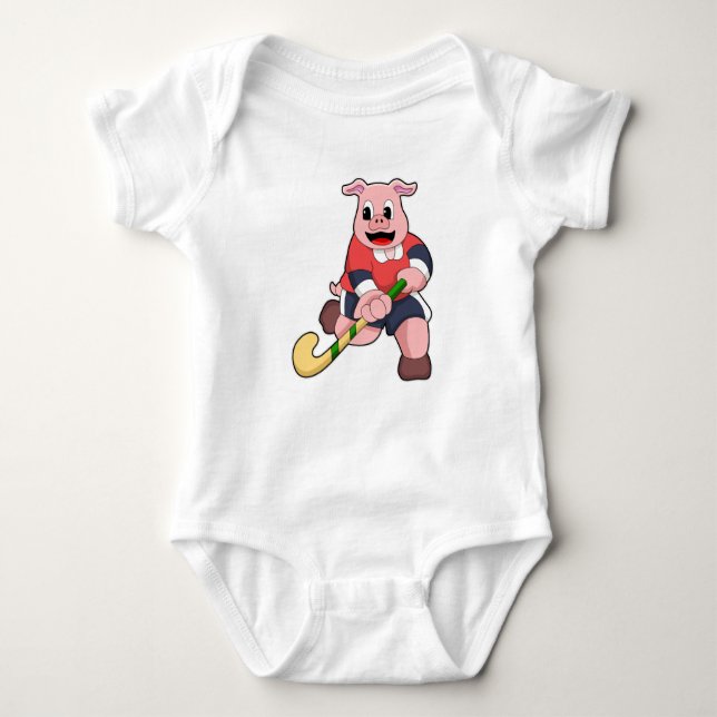 Pig at Hockey with Hockey bat Baby Bodysuit (Front)