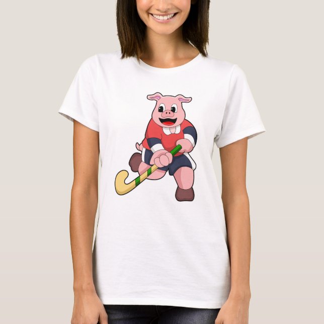 Pig at Hockey with Hockey bat T-Shirt (Front)