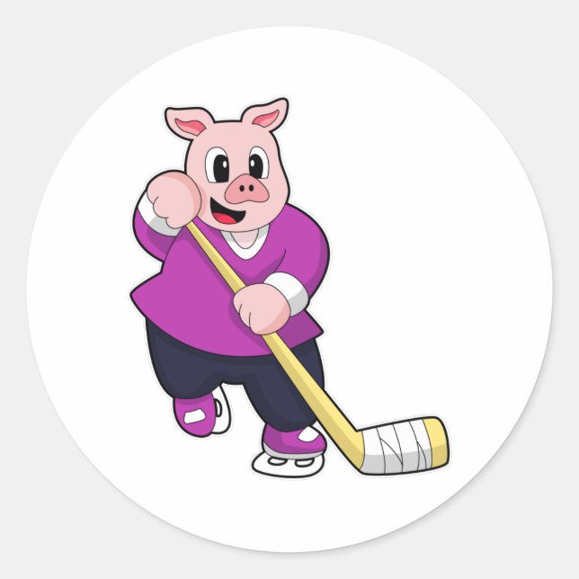 Pig at Ice hockey with Ice hockey stick Classic Round Sticker (Front)