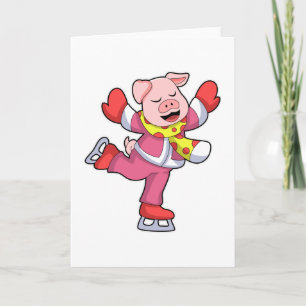 Pig at Ice skating with Ice skates Card