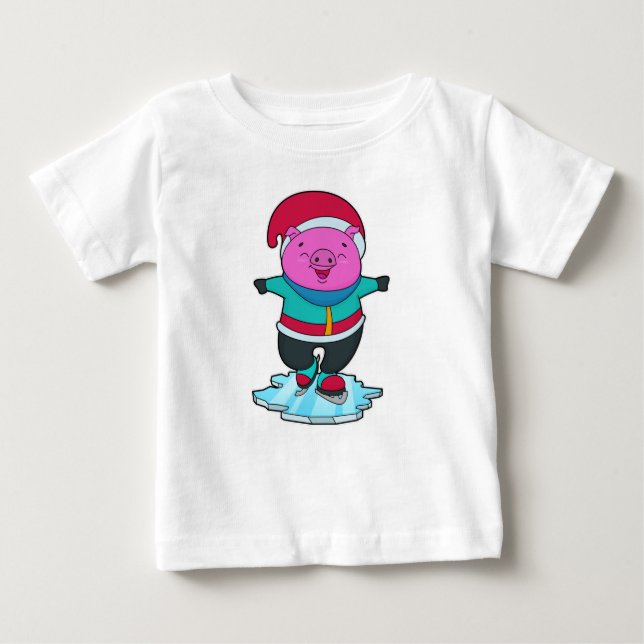 Pig at Ice skating with Ice skates & Hat Baby T-Shirt (Front)