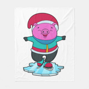 Pig at Ice skating with Ice skates & Hat Fleece Blanket