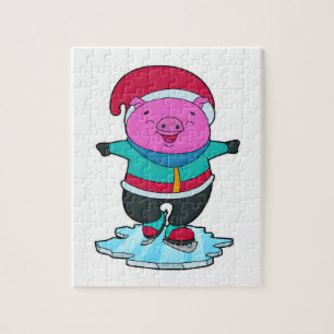 Pig at Ice skating with Ice skates & Hat Jigsaw Puzzle