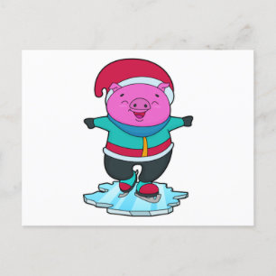 Pig at Ice skating with Ice skates & Hat Postcard
