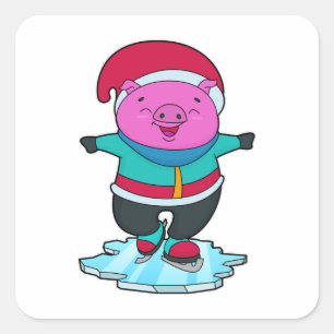 Pig at Ice skating with Ice skates & Hat Square Sticker