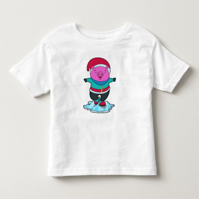 Pig at Ice skating with Ice skates & Hat Toddler T-Shirt (Front)