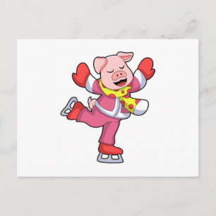Pig at Ice skating with Ice skates Postcard