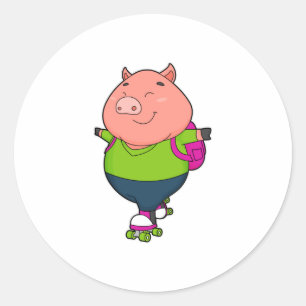 Pig at Inline skating with Roller skates Classic Round Sticker