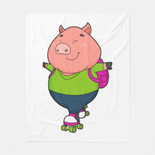 Pig at Inline skating with Roller skates Fleece Blanket