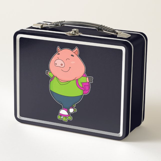 Pig at Inline skating with Roller skates Metal Lunch Box (Front)