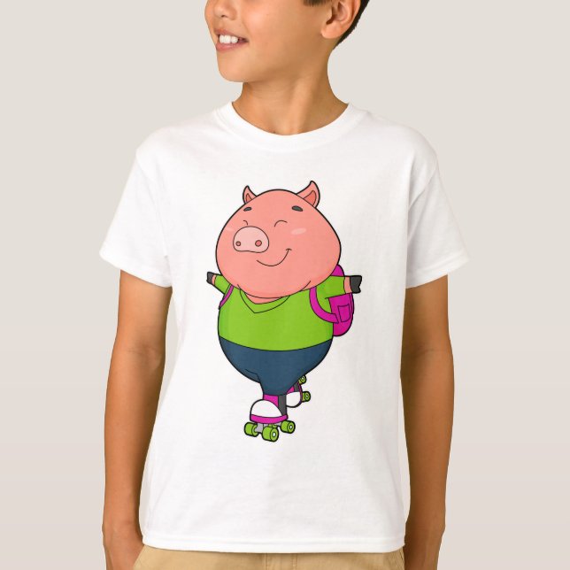 Pig at Inline skating with Roller skates T-Shirt (Front)