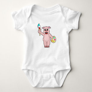 Pig at Painting with Brush & Colour Baby Bodysuit