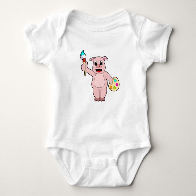 Pig at Painting with Brush & Colour Baby Bodysuit (Front)