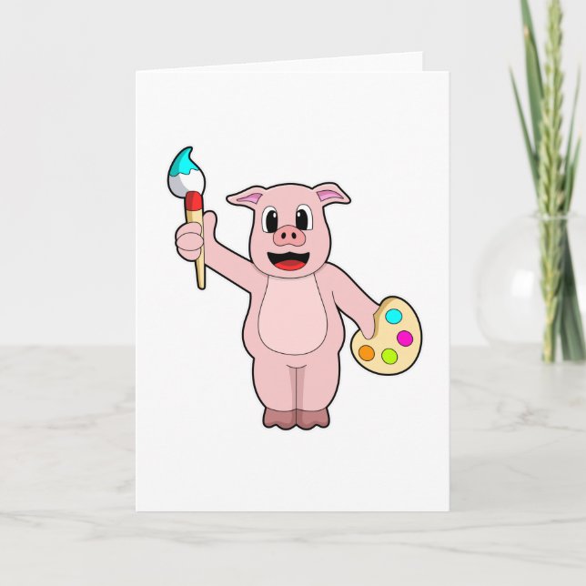 Pig at Painting with Brush & Colour Card (Front)