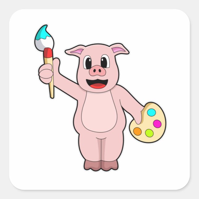 Pig at Painting with Brush & Colour Square Sticker (Front)