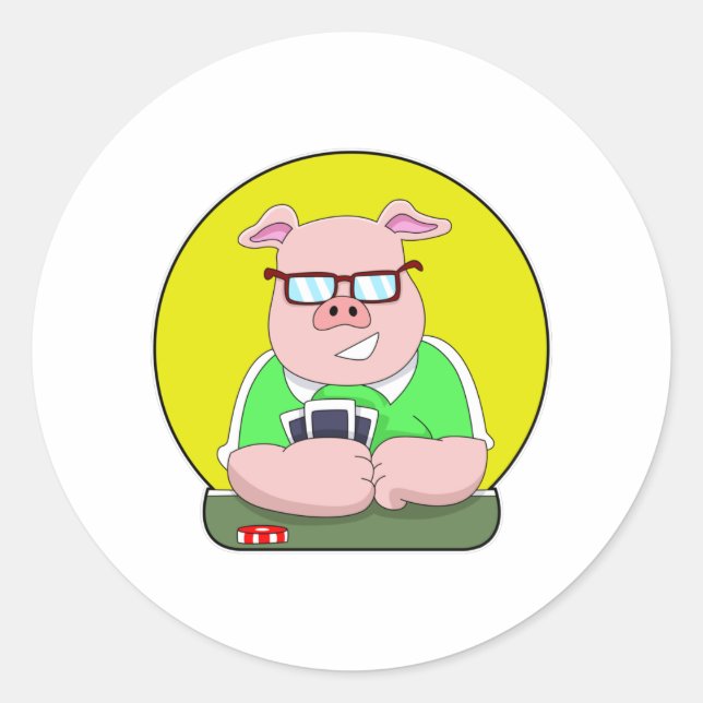 Pig at Poker with Cards Classic Round Sticker (Front)