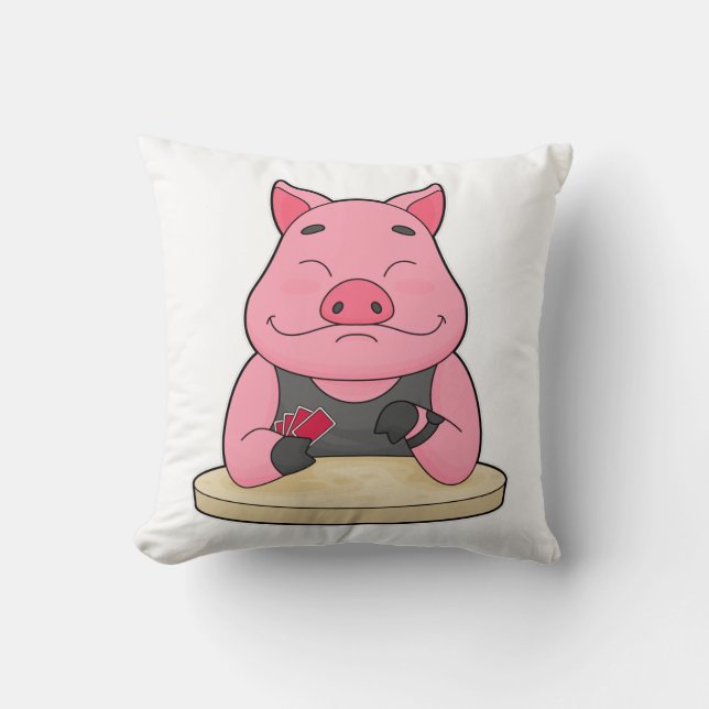 Pig at Poker with Poker cards Cushion (Front)