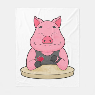 Pig at Poker with Poker cards Fleece Blanket
